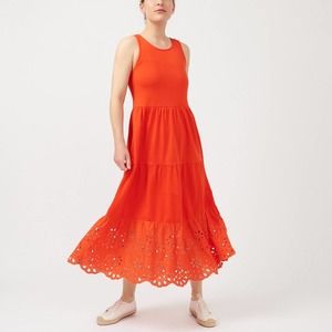 J. Crew Midi Dress Large Orange Tiered Knit Eyelet Sleeveless A-Line